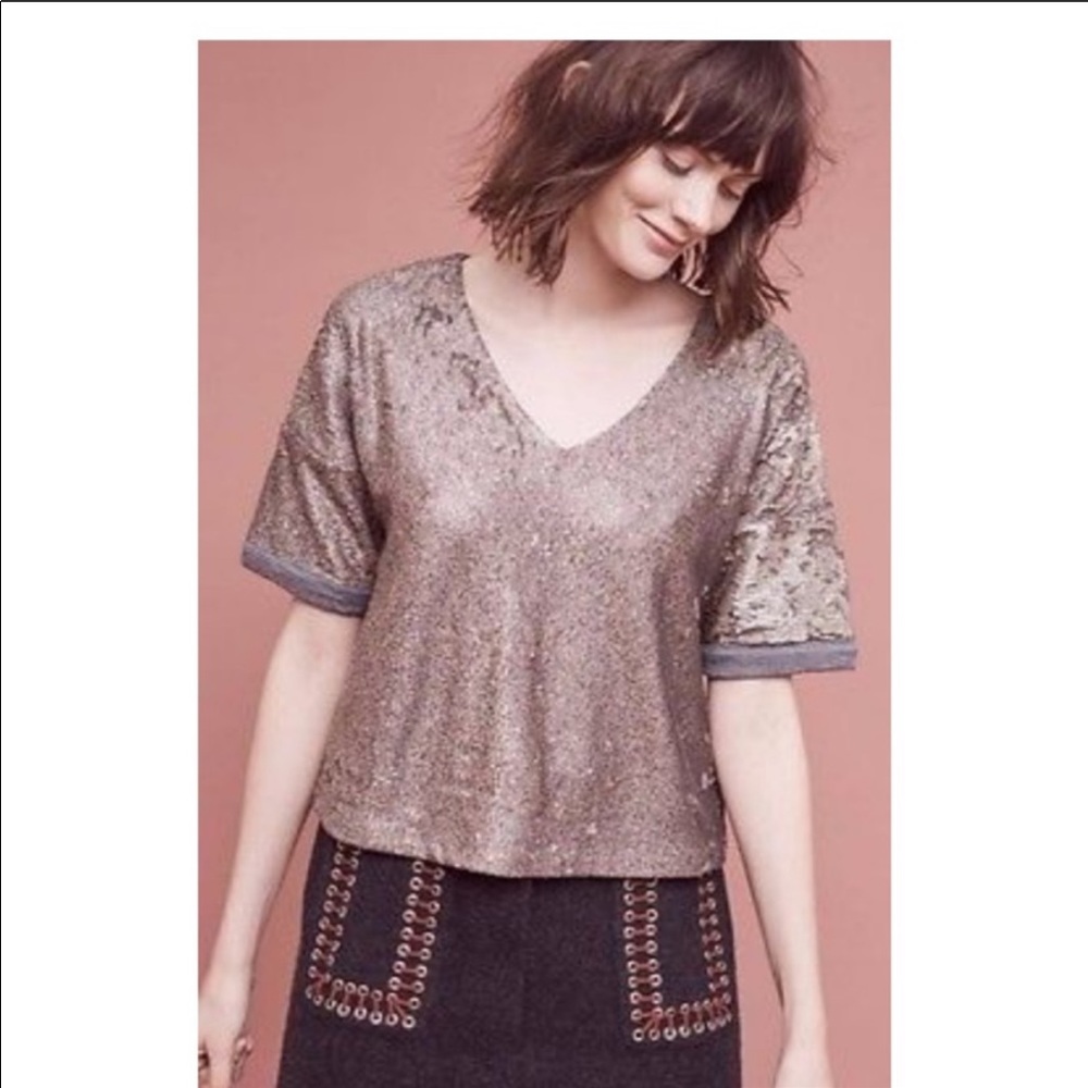 Anthropologie Rose Gold Sequin V-Neck Top